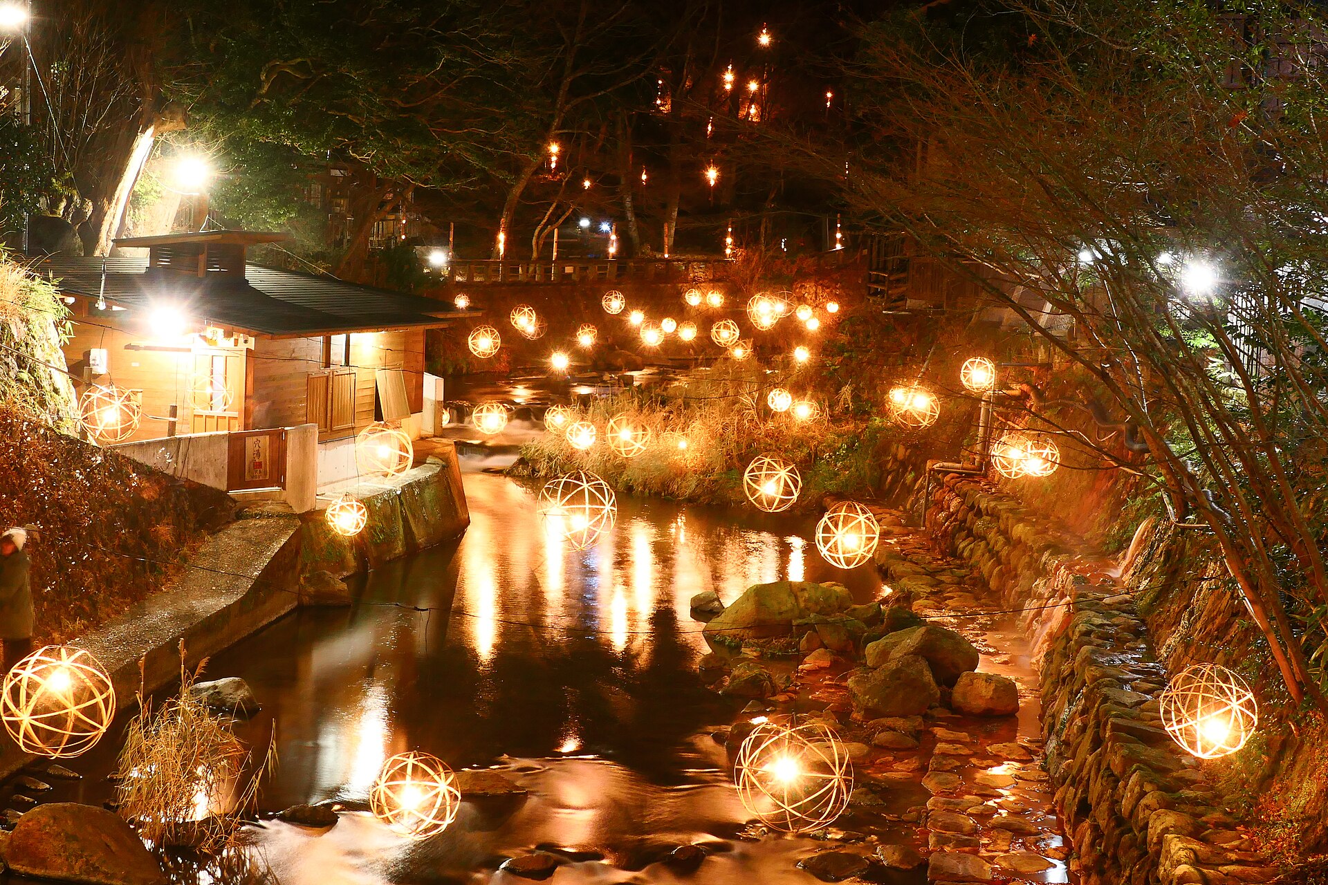 Kurokawa Onsen river lantern light-up at night