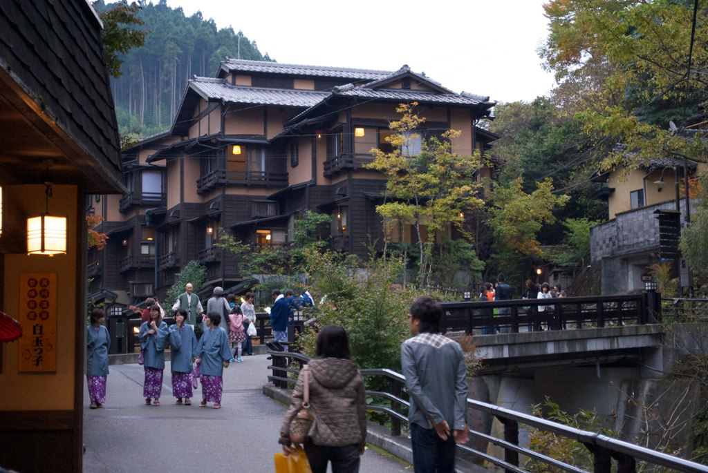 Kurokawa Onsen ryokan streetscape along the river